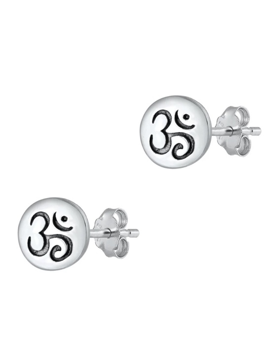 Jewelry - Sterling Silver Om Symbol Disc Stud Earrings 8.6mm